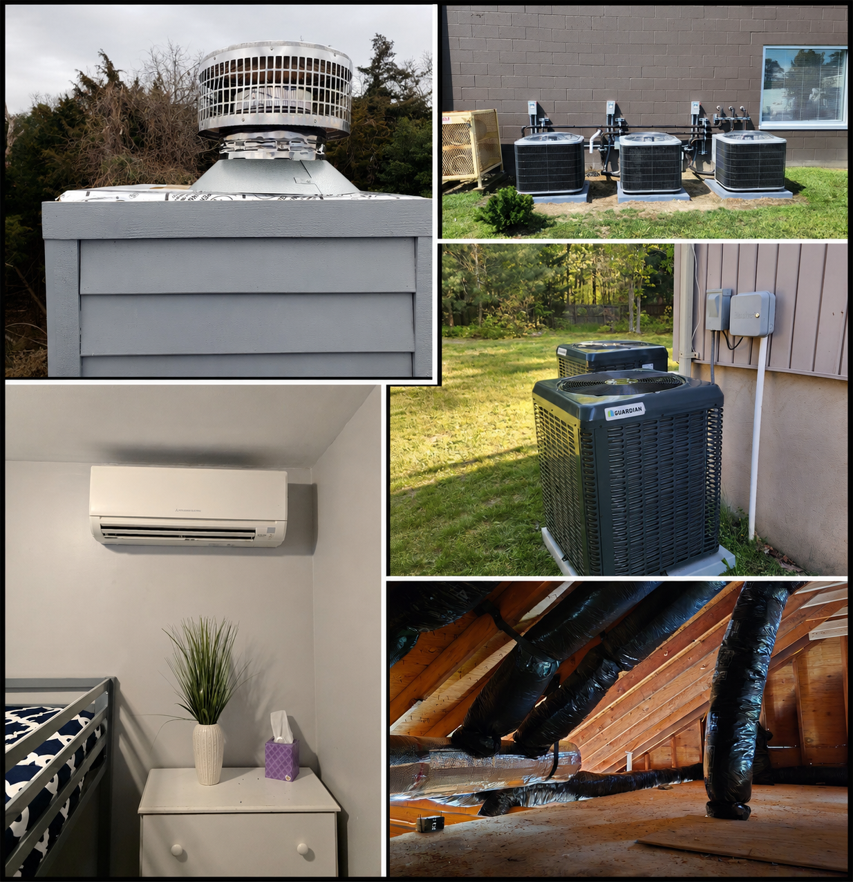 Recent Cool Runnings installations: rooftop venting, condenser bank, ductless mini-split and attic ductwork