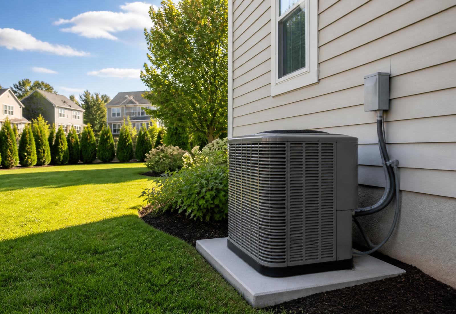 New air conditioning condenser installed beside a New Jersey home